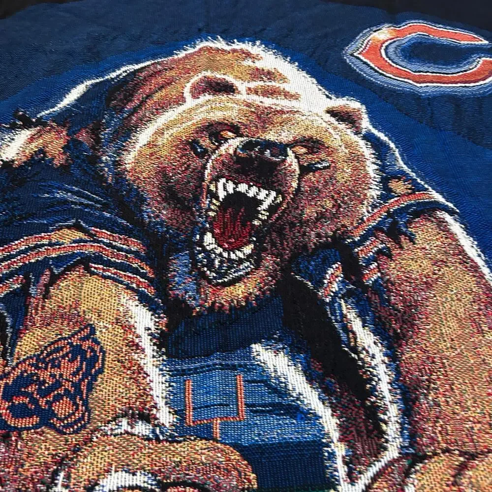 Vintage 90s Chicago Bears NFL Tapestry Fringe Throw Blanket 43x58 Americana